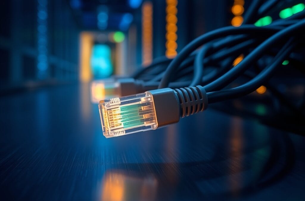 Multiple ethernet cables converging into a single glowing hub connector on a dark brushed metal surface, with soft bokeh server lights in the background. Shot on 85mm lens with shallow depth of field. Cool blue overhead lighting with emerald accent from below. Color graded with deep navy shadows and emerald accent light. Professional editorial photograph, product aesthetic. Subject centered in middle third of frame. No text, no letters, no words, no writing, no signs, no labels, no watermarks, no logos, no typography, no numbers on surfaces.