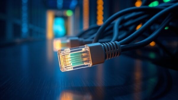 Multiple ethernet cables converging into a single glowing hub connector on a dark brushed metal surface, with soft bokeh server lights in the background. Shot on 85mm lens with shallow depth of field. Cool blue overhead lighting with emerald accent from below. Color graded with deep navy shadows and emerald accent light. Professional editorial photograph, product aesthetic. Subject centered in middle third of frame. No text, no letters, no words, no writing, no signs, no labels, no watermarks, no logos, no typography, no numbers on surfaces.