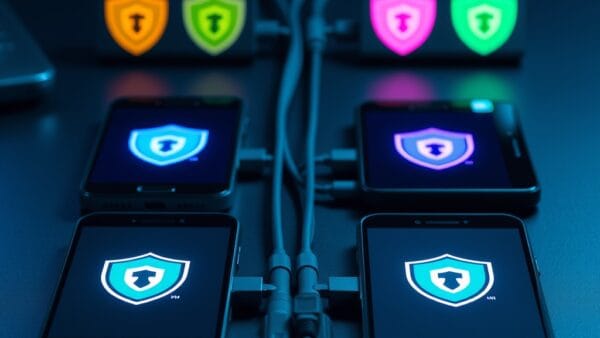 Smartphones affichant des icônes de bouclier VPN colorées sur un bureau sombre avec câbles en fibre optique — comparatif VPN pour l'IA 2026