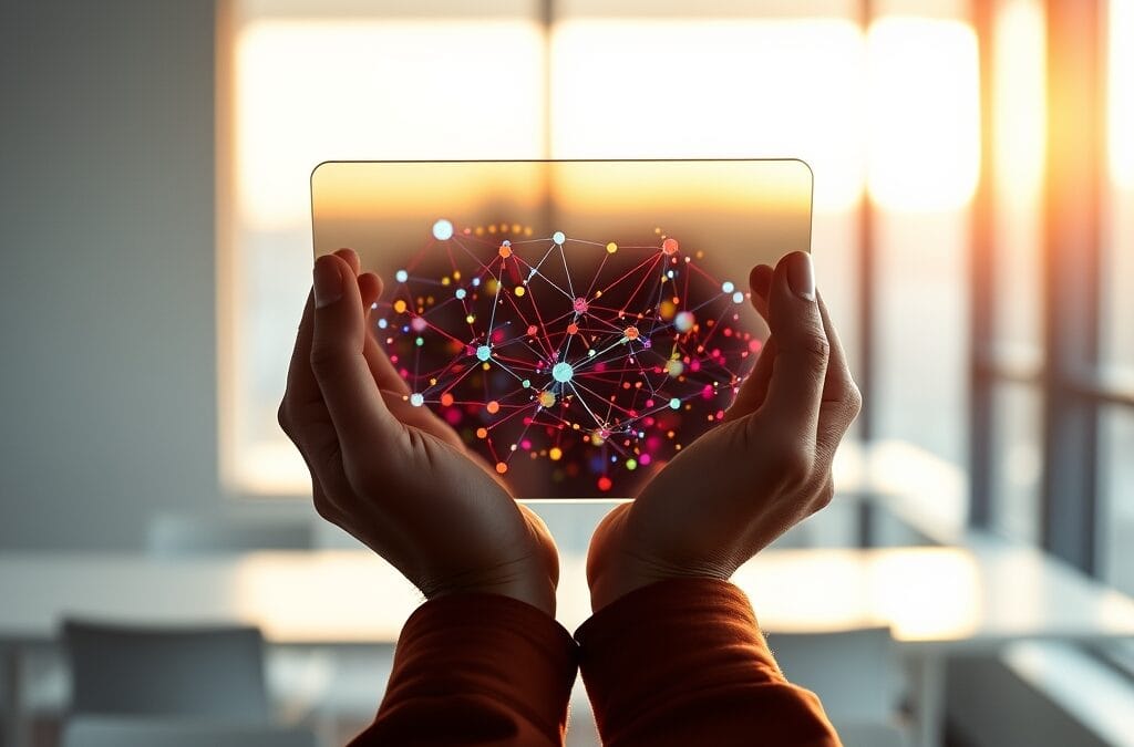 A pair of hands from behind holding a translucent glass tablet reflecting colorful connected nodes on its surface, in a modern minimalist office. Shot on 50mm lens with shallow depth of field. Natural window light from the right with warm golden hour tones. Color graded with deep navy shadows and rose undertones. Professional editorial photograph, documentary aesthetic. Subject centered in middle third of frame. No text, no letters, no words, no writing, no signs, no labels, no watermarks, no logos, no typography, no numbers on surfaces.