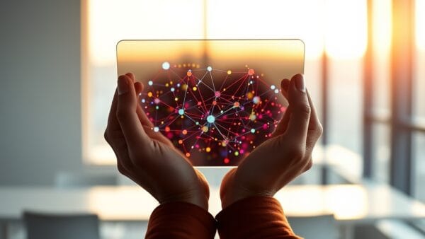 A pair of hands from behind holding a translucent glass tablet reflecting colorful connected nodes on its surface, in a modern minimalist office. Shot on 50mm lens with shallow depth of field. Natural window light from the right with warm golden hour tones. Color graded with deep navy shadows and rose undertones. Professional editorial photograph, documentary aesthetic. Subject centered in middle third of frame. No text, no letters, no words, no writing, no signs, no labels, no watermarks, no logos, no typography, no numbers on surfaces.