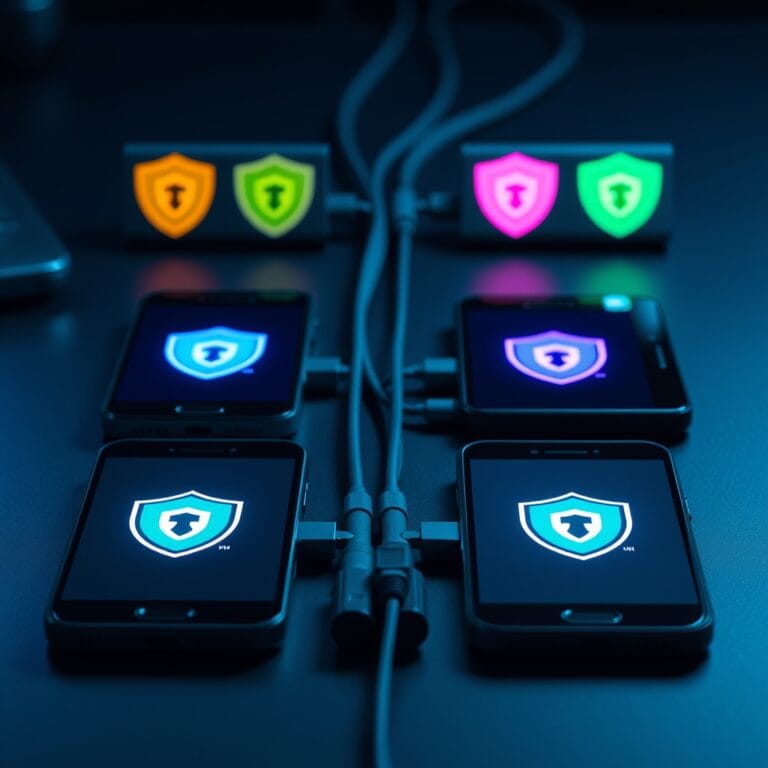 Meilleur VPN pour l'IA en 2026 : comparatif complet et guide 4 Smartphones affichant des icônes de bouclier VPN colorées sur un bureau sombre avec câbles en fibre optique — comparatif VPN pour l'IA 2026