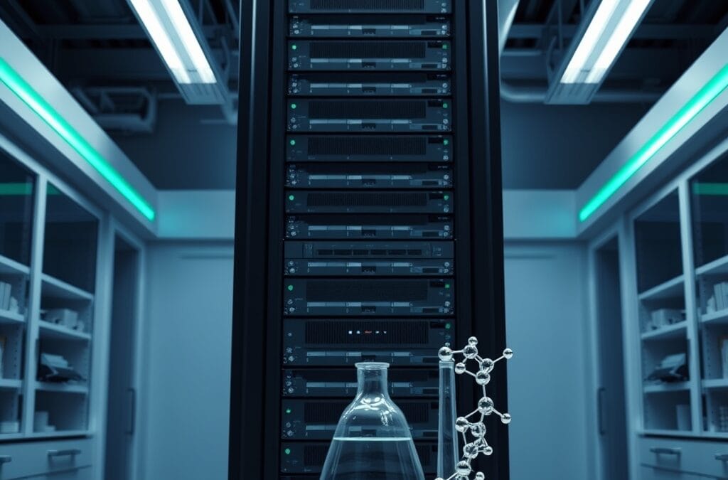 A massive black server rack towering in a clean white pharmaceutical laboratory, with a glass beaker and molecular model visible on the desk in front. Shot on 35mm lens with deep depth of field. Cool overhead clinical lighting with emerald accent strips along the rack. Color graded with deep navy shadows and emerald accent light. Professional editorial photograph, documentary aesthetic. Subject centered in middle third of frame. No text, no letters, no words, no writing, no signs, no labels, no watermarks, no logos, no typography, no numbers on surfaces.