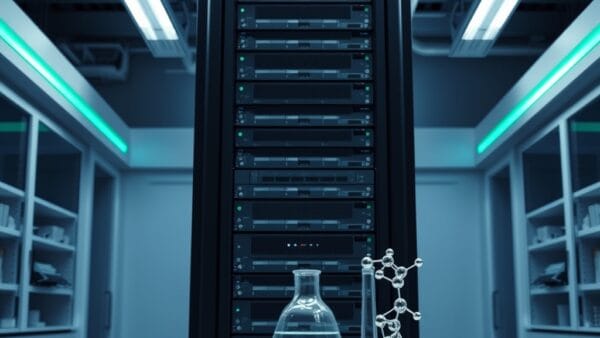 A massive black server rack towering in a clean white pharmaceutical laboratory, with a glass beaker and molecular model visible on the desk in front. Shot on 35mm lens with deep depth of field. Cool overhead clinical lighting with emerald accent strips along the rack. Color graded with deep navy shadows and emerald accent light. Professional editorial photograph, documentary aesthetic. Subject centered in middle third of frame. No text, no letters, no words, no writing, no signs, no labels, no watermarks, no logos, no typography, no numbers on surfaces.