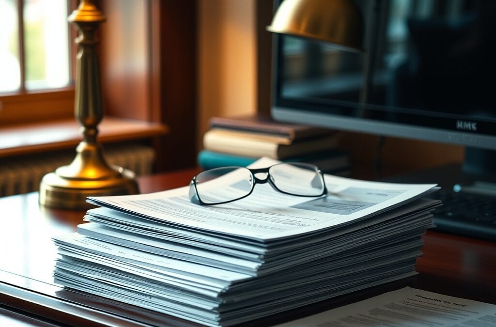 A stack of printed financial research reports on a polished mahogany desk, beside a brass desk lamp casting warm amber light. A pair of reading glasses rests on the top report. Shot on 50mm lens with shallow depth of field. Natural window light mixing with warm desk lamp glow. Color graded with deep navy shadows and emerald accent light from a nearby monitor reflection. Professional editorial photograph, documentary aesthetic. Subject centered in middle third of frame. No text, no letters, no words, no writing, no signs, no labels, no watermarks, no logos, no typography, no numbers on surfaces.