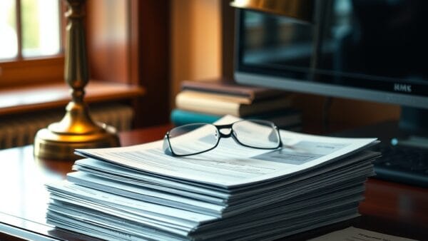 A stack of printed financial research reports on a polished mahogany desk, beside a brass desk lamp casting warm amber light. A pair of reading glasses rests on the top report. Shot on 50mm lens with shallow depth of field. Natural window light mixing with warm desk lamp glow. Color graded with deep navy shadows and emerald accent light from a nearby monitor reflection. Professional editorial photograph, documentary aesthetic. Subject centered in middle third of frame. No text, no letters, no words, no writing, no signs, no labels, no watermarks, no logos, no typography, no numbers on surfaces.