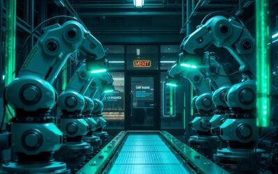 A futuristic warehouse with autonomous robotic arms and conveyor belts, holographic emerald green data streams flowing between machines, small business storefront visible through a glass wall in the background, dark industrial atmosphere with teal and blue lighting, cinematic editorial photography, wide angle, subject in upper two-thirds, no text, no letters, no words, no writing, no signs, no labels, no watermarks, no logos, no typography, no numbers on surfaces