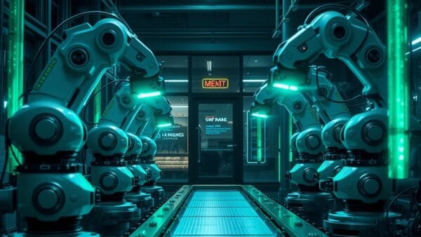 A futuristic warehouse with autonomous robotic arms and conveyor belts, holographic emerald green data streams flowing between machines, small business storefront visible through a glass wall in the background, dark industrial atmosphere with teal and blue lighting, cinematic editorial photography, wide angle, subject in upper two-thirds, no text, no letters, no words, no writing, no signs, no labels, no watermarks, no logos, no typography, no numbers on surfaces