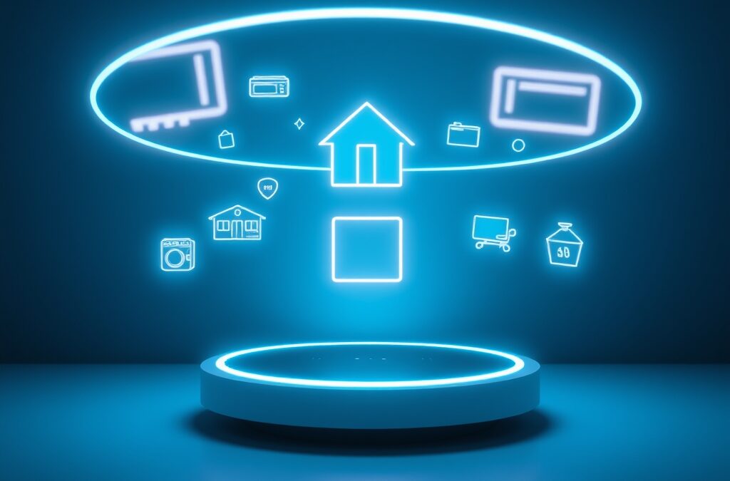 a sleek smart home hub device emitting concentric rings of holographic light controlling floating home appliance icons, cinematic editorial photography, cyan neon and deep blue palette, no text no letters no words no writing no signs no labels no watermarks no logos no typography no numbers on surfaces
