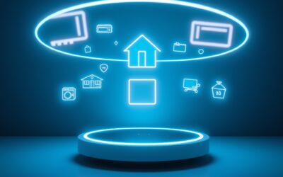 a sleek smart home hub device emitting concentric rings of holographic light controlling floating home appliance icons, cinematic editorial photography, cyan neon and deep blue palette, no text no letters no words no writing no signs no labels no watermarks no logos no typography no numbers on surfaces