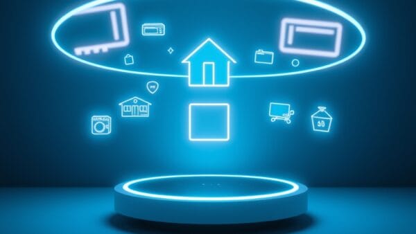 a sleek smart home hub device emitting concentric rings of holographic light controlling floating home appliance icons, cinematic editorial photography, cyan neon and deep blue palette, no text no letters no words no writing no signs no labels no watermarks no logos no typography no numbers on surfaces