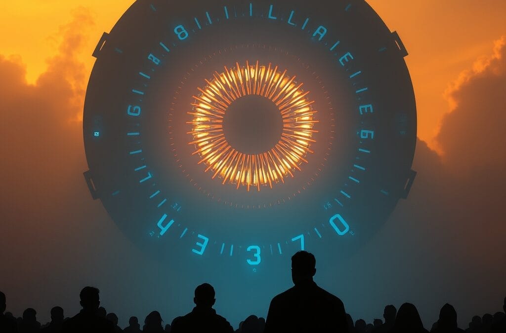 Illustration IA : foule de silhouettes face à un œil IA représentant l'inquiétude américaine