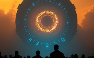 Illustration IA : foule de silhouettes face à un œil IA représentant l'inquiétude américaine