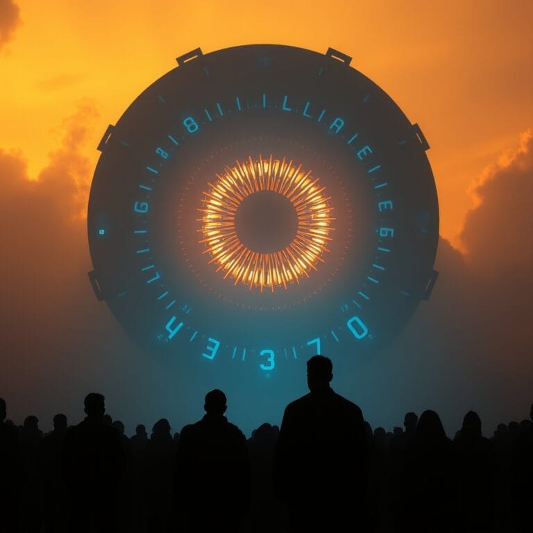 Illustration IA : foule de silhouettes face à un œil IA représentant l'inquiétude américaine