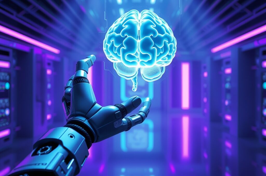 Futuristic robotic arm reaching toward a translucent holographic brain model floating in mid-air, steel blue metallic surfaces with cyan highlights, volumetric light beams cutting through dark laboratory atmosphere, violet ambient reflections on polished floor, cinematic shallow depth of field, photorealistic rendering, no text no letters no words no characters no symbols no watermark