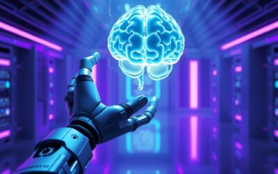 Futuristic robotic arm reaching toward a translucent holographic brain model floating in mid-air, steel blue metallic surfaces with cyan highlights, volumetric light beams cutting through dark laboratory atmosphere, violet ambient reflections on polished floor, cinematic shallow depth of field, photorealistic rendering, no text no letters no words no characters no symbols no watermark