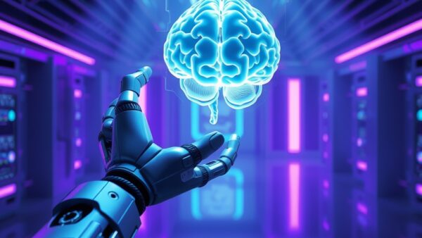 Futuristic robotic arm reaching toward a translucent holographic brain model floating in mid-air, steel blue metallic surfaces with cyan highlights, volumetric light beams cutting through dark laboratory atmosphere, violet ambient reflections on polished floor, cinematic shallow depth of field, photorealistic rendering, no text no letters no words no characters no symbols no watermark