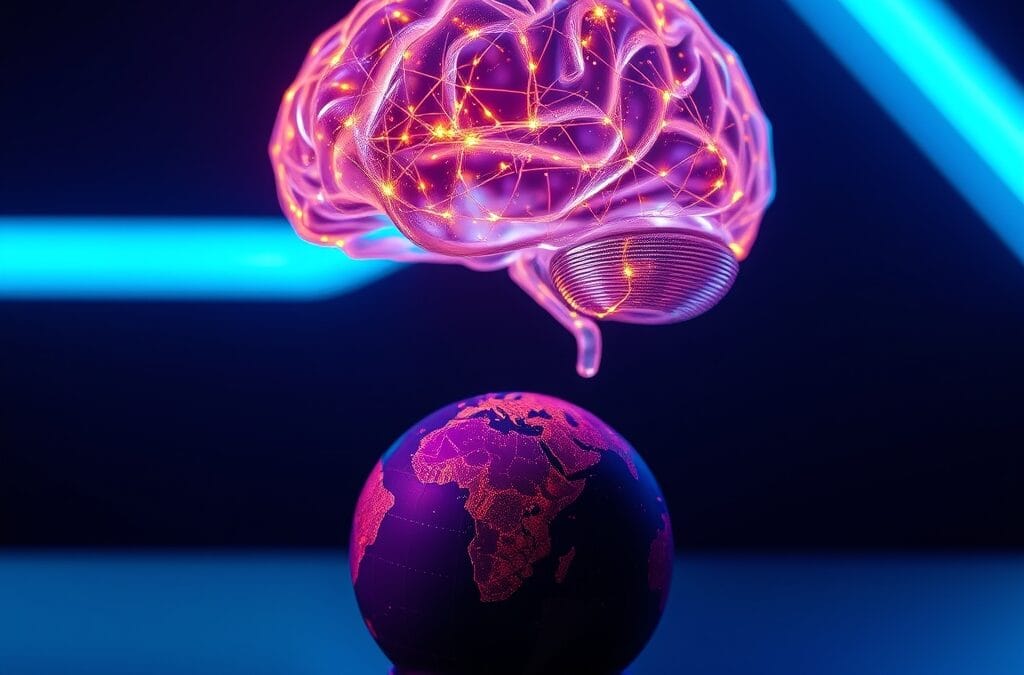 A luminous glass brain floating above a miniature Earth globe, cinematic editorial photography, dark navy background with cyan neon and violet accents, golden particle streams connecting the brain to the globe, dramatic top lighting, shallow depth of field, clean minimalist composition with subject in upper two thirds, no text, no letters, no words, no writing, no signs, no labels, no watermarks, no logos, no typography, no numbers on surfaces