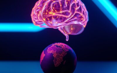 A luminous glass brain floating above a miniature Earth globe, cinematic editorial photography, dark navy background with cyan neon and violet accents, golden particle streams connecting the brain to the globe, dramatic top lighting, shallow depth of field, clean minimalist composition with subject in upper two thirds, no text, no letters, no words, no writing, no signs, no labels, no watermarks, no logos, no typography, no numbers on surfaces