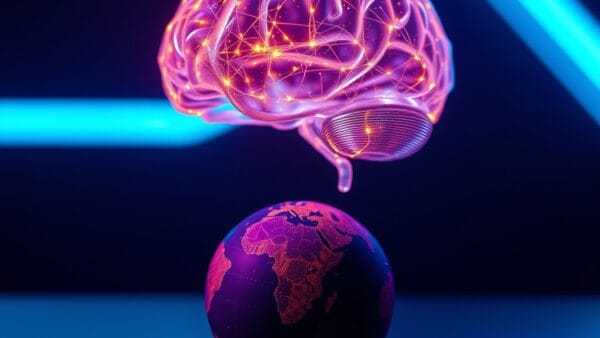 A luminous glass brain floating above a miniature Earth globe, cinematic editorial photography, dark navy background with cyan neon and violet accents, golden particle streams connecting the brain to the globe, dramatic top lighting, shallow depth of field, clean minimalist composition with subject in upper two thirds, no text, no letters, no words, no writing, no signs, no labels, no watermarks, no logos, no typography, no numbers on surfaces