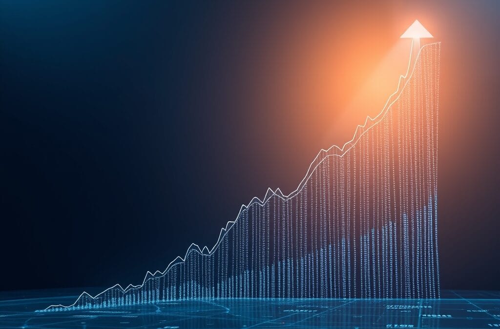 Cinematic editorial illustration of exponential business growth and AI market dominance, dark navy and blue palette, ascending graph and financial data visualization, no text no letters no words no writing no signs no labels no watermarks no logos no typography no numbers on surfaces