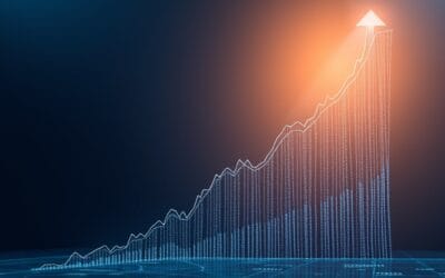 Cinematic editorial illustration of exponential business growth and AI market dominance, dark navy and blue palette, ascending graph and financial data visualization, no text no letters no words no writing no signs no labels no watermarks no logos no typography no numbers on surfaces
