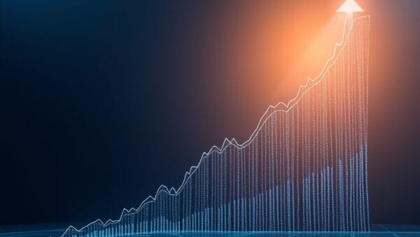 Cinematic editorial illustration of exponential business growth and AI market dominance, dark navy and blue palette, ascending graph and financial data visualization, no text no letters no words no writing no signs no labels no watermarks no logos no typography no numbers on surfaces