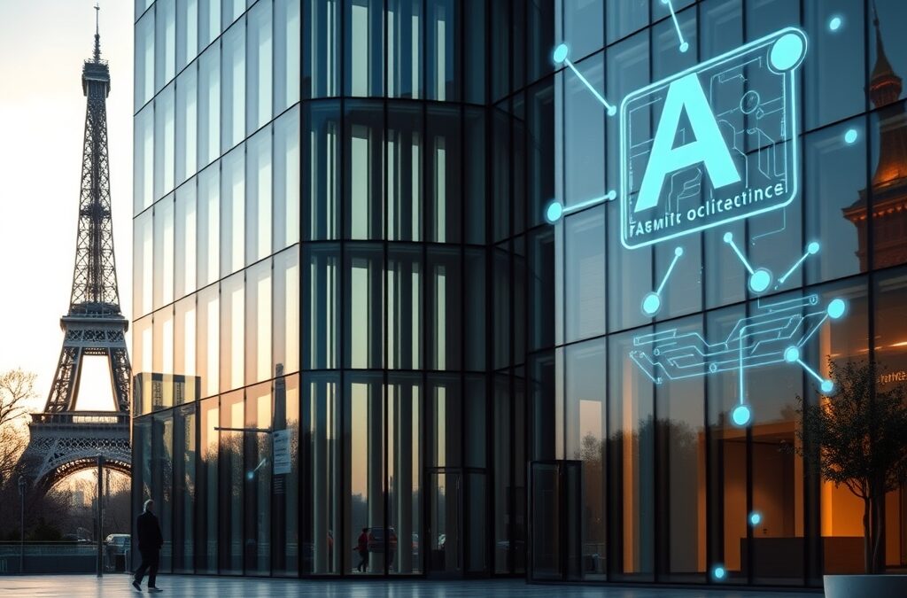 an elegant modern glass office building in Paris with the Eiffel Tower silhouette in background and holographic AI symbols floating around, cinematic editorial photography, blue institutional and gold warm tones, no text no letters no words no writing no signs no labels no watermarks no logos no typography no numbers on surfaces