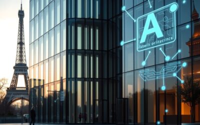 an elegant modern glass office building in Paris with the Eiffel Tower silhouette in background and holographic AI symbols floating around, cinematic editorial photography, blue institutional and gold warm tones, no text no letters no words no writing no signs no labels no watermarks no logos no typography no numbers on surfaces