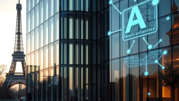 an elegant modern glass office building in Paris with the Eiffel Tower silhouette in background and holographic AI symbols floating around, cinematic editorial photography, blue institutional and gold warm tones, no text no letters no words no writing no signs no labels no watermarks no logos no typography no numbers on surfaces