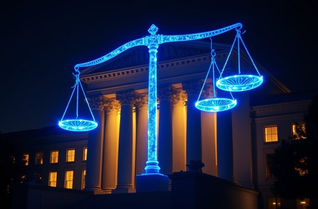 Illustration IA : tribunal avec balance de justice numérique symbolisant Mistral Voxtral