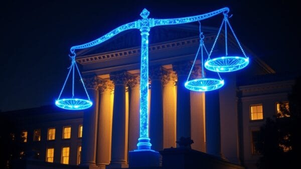 Illustration IA : tribunal avec balance de justice numérique symbolisant Mistral Voxtral