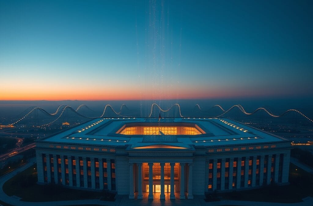 Aerial view of Pentagon building at dusk, modern AI neural network energy flowing upward, deep blue and amber color palette, cinematic editorial style, no text, no letters, no words, no writing, no signs, no labels, no watermarks, no logos, no typography, no numbers on surfaces
