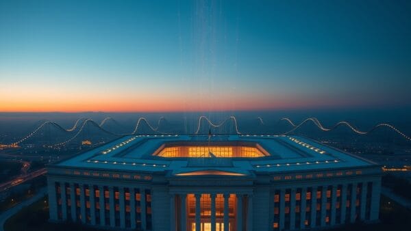 Aerial view of Pentagon building at dusk, modern AI neural network energy flowing upward, deep blue and amber color palette, cinematic editorial style, no text, no letters, no words, no writing, no signs, no labels, no watermarks, no logos, no typography, no numbers on surfaces