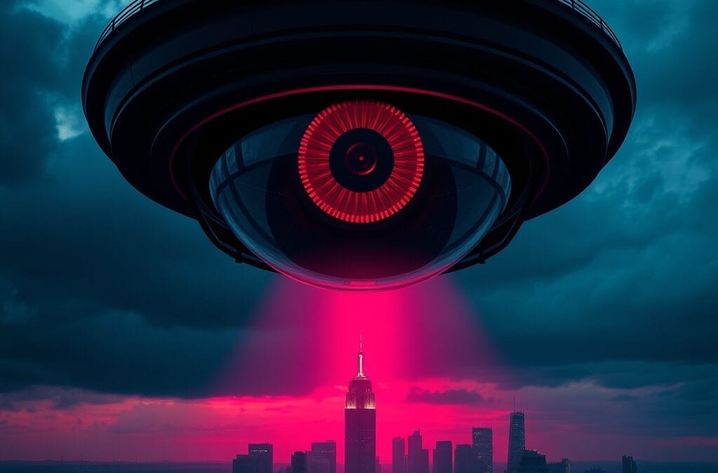 Illustration IA : œil de surveillance IA géant alertant sur les dérives sécuritaires