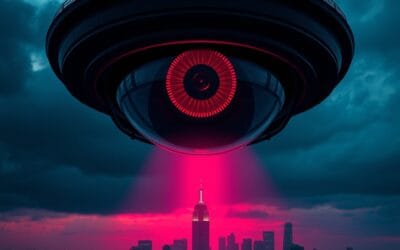 Illustration IA : œil de surveillance IA géant alertant sur les dérives sécuritaires