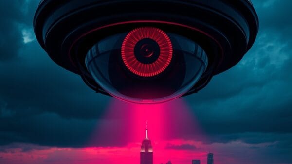 Illustration IA : œil de surveillance IA géant alertant sur les dérives sécuritaires