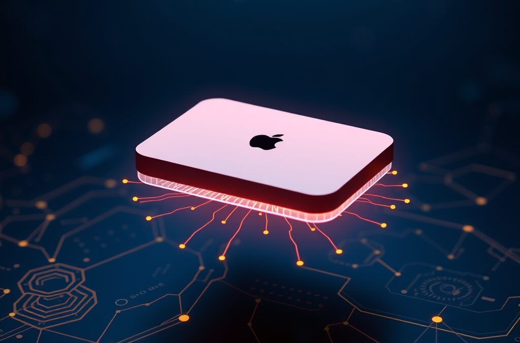 a glowing premium apple device floating above a holographic AI interface with neural network patterns, cinematic editorial photography, dark navy and electric blue palette with golden accent highlights, subject in upper two thirds with gradient below, no text no letters no words no writing no signs no labels no watermarks no logos no typography no numbers on surfaces