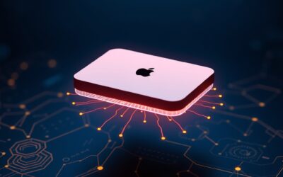 a glowing premium apple device floating above a holographic AI interface with neural network patterns, cinematic editorial photography, dark navy and electric blue palette with golden accent highlights, subject in upper two thirds with gradient below, no text no letters no words no writing no signs no labels no watermarks no logos no typography no numbers on surfaces