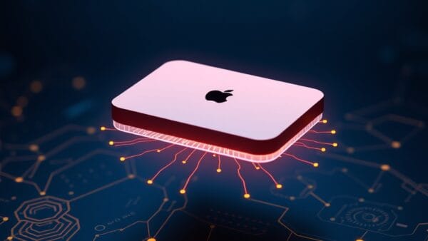 a glowing premium apple device floating above a holographic AI interface with neural network patterns, cinematic editorial photography, dark navy and electric blue palette with golden accent highlights, subject in upper two thirds with gradient below, no text no letters no words no writing no signs no labels no watermarks no logos no typography no numbers on surfaces