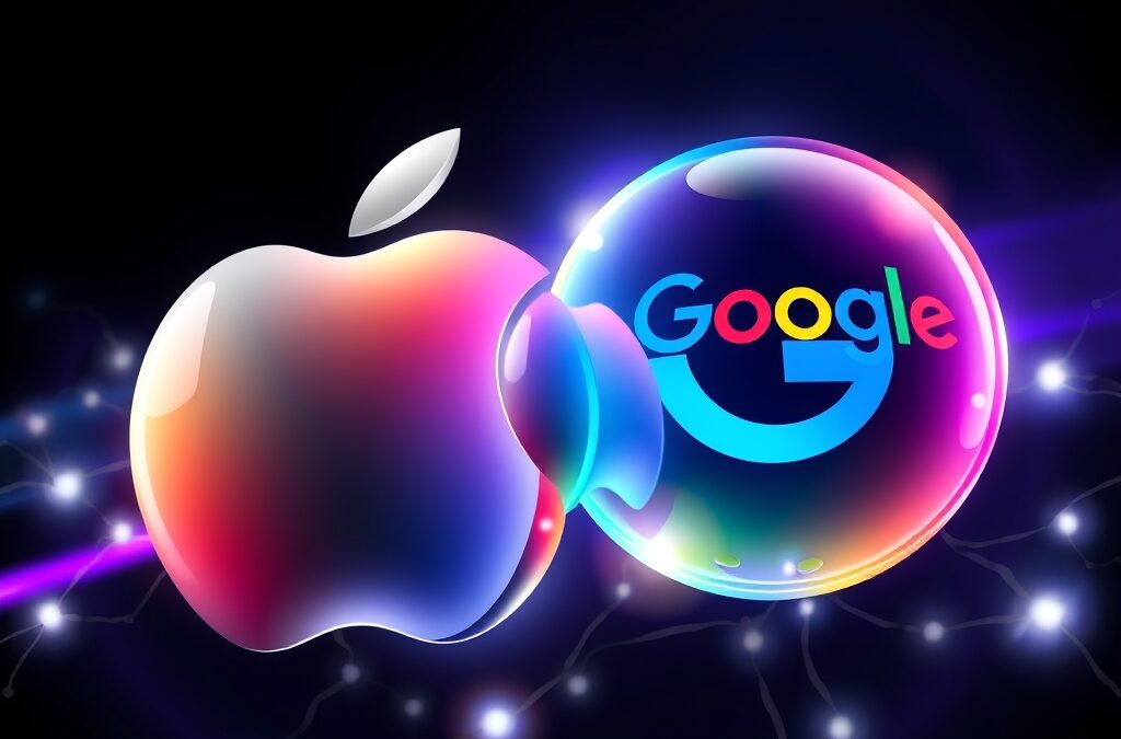 Two glowing abstract spheres merging together, one with Apple-style silver gradient and one with Google multicolor gradient, connected by luminous neural pathways, dark background with subtle purple accent, no text no letters no words, modern tech editorial illustration