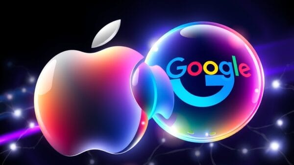 Two glowing abstract spheres merging together, one with Apple-style silver gradient and one with Google multicolor gradient, connected by luminous neural pathways, dark background with subtle purple accent, no text no letters no words, modern tech editorial illustration