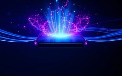 Illustration IA : smartphone avec assistant IA holographique symbolisant Siri