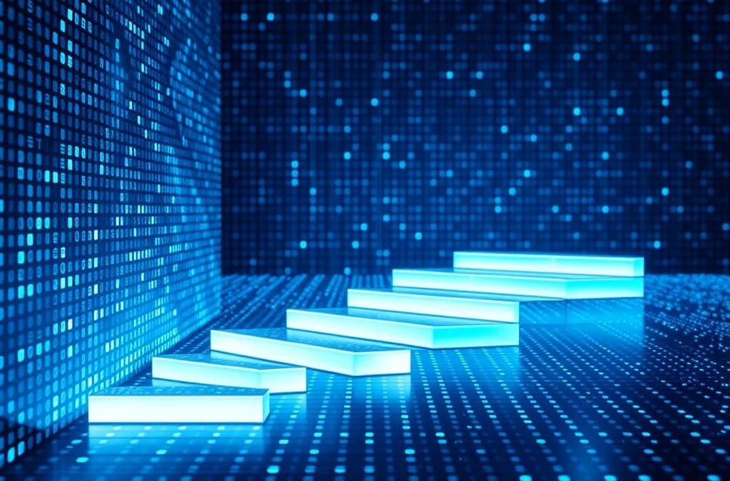 abstract grid of luminous blue and white cells transforming into ascending light stairs, data organization symbolism without visible numbers, cinematic editorial photography, no text no letters no words no writing no signs no labels no watermarks no logos no typography no numbers on surfaces