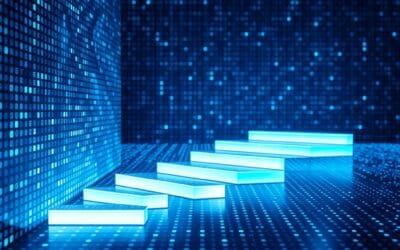 abstract grid of luminous blue and white cells transforming into ascending light stairs, data organization symbolism without visible numbers, cinematic editorial photography, no text no letters no words no writing no signs no labels no watermarks no logos no typography no numbers on surfaces