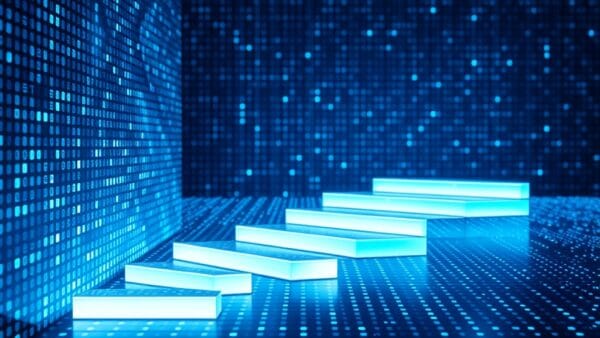 abstract grid of luminous blue and white cells transforming into ascending light stairs, data organization symbolism without visible numbers, cinematic editorial photography, no text no letters no words no writing no signs no labels no watermarks no logos no typography no numbers on surfaces