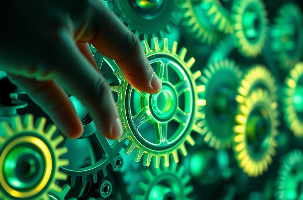 a series of interconnected glowing gears and cogs working automatically with a human hand gently touching one gear, cinematic editorial photography, emerald green and blue palette, no text no letters no words no writing no signs no labels no watermarks no logos no typography no numbers on surfaces
