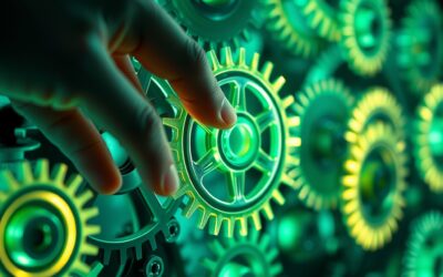 a series of interconnected glowing gears and cogs working automatically with a human hand gently touching one gear, cinematic editorial photography, emerald green and blue palette, no text no letters no words no writing no signs no labels no watermarks no logos no typography no numbers on surfaces