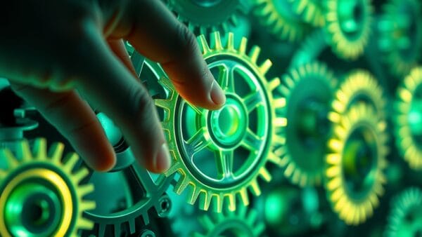 a series of interconnected glowing gears and cogs working automatically with a human hand gently touching one gear, cinematic editorial photography, emerald green and blue palette, no text no letters no words no writing no signs no labels no watermarks no logos no typography no numbers on surfaces