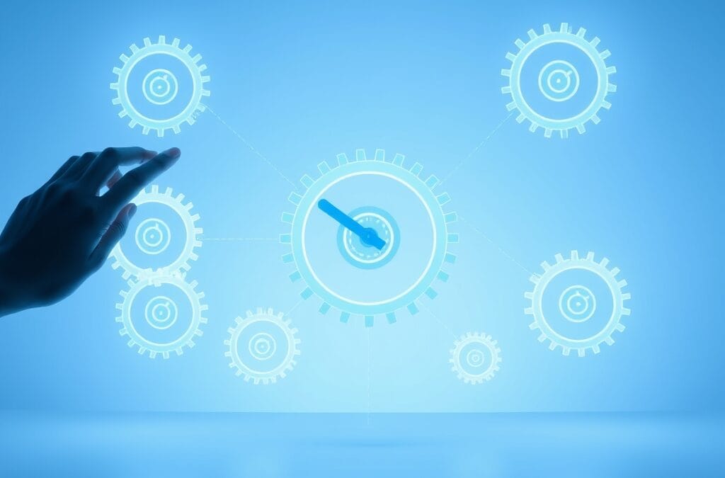 Illustration IA : engrenages lumineux représentant l'automatisation des tâches par l'IA